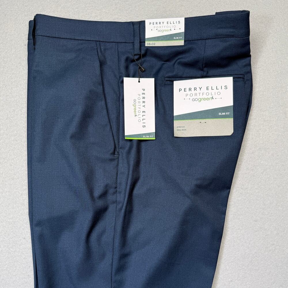 Perry Ellis Men's Slim-Fit Non Iron Stretch Dress Pants Total Eclipse 38x32 $95